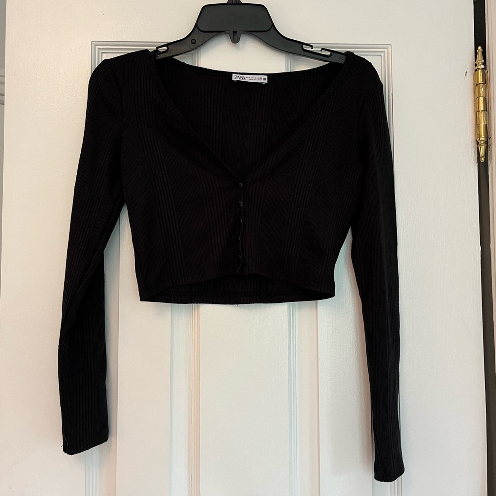 Zara Black Ribbed Long Sleeve Crop Cardigan